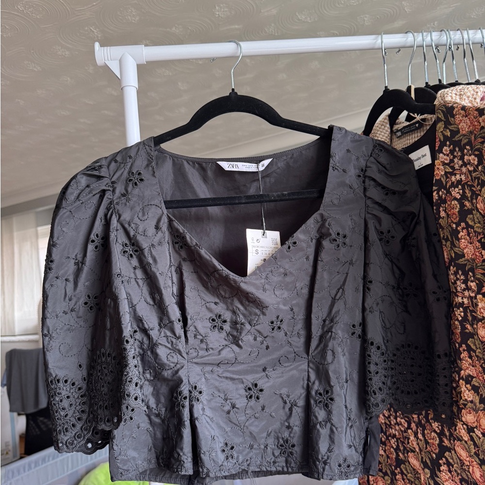 Zara Charcoal Embroidered Blouse